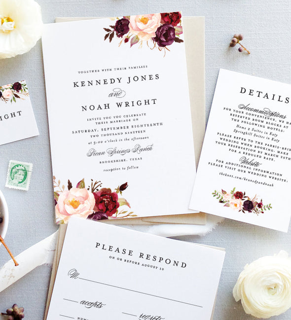 Burgundy Blooms Wedding Invitation